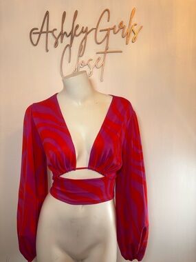 Windsor Red Pink Swirl Cutout Crop Top Long Sleeve Y2K Festival Medium